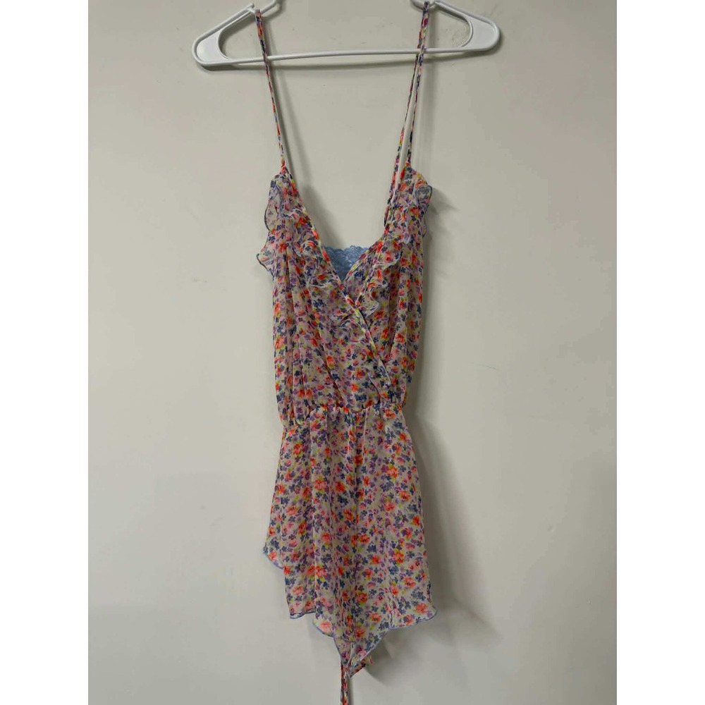 Victoria's Secret Lg Floral Ruffle Romper Blue Lace Detail Purple sheer